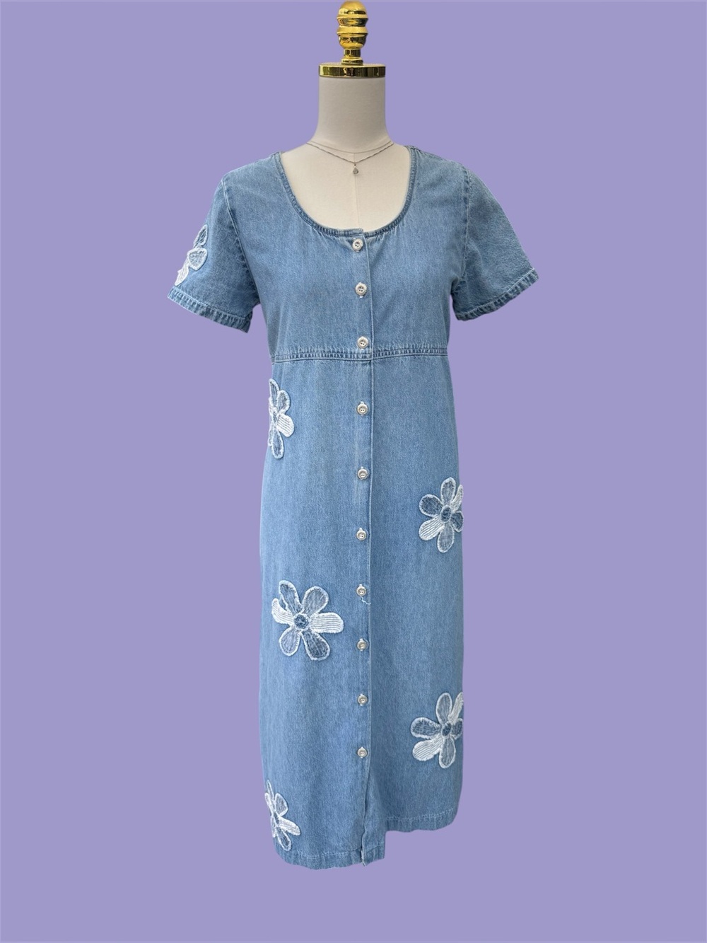 Vintage 90s Y2K Button Front Denim Cotton Floral Appliqué Midi Maxi Dress Small